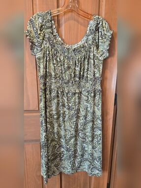 London Times Olive and Black Paisley Smocked Waist Mini Dress